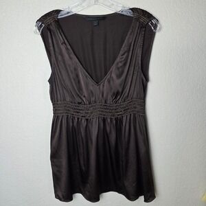 Y2K Express Design Studio Brown Silk Blend Smocked Empire Waist V-Neck Top M